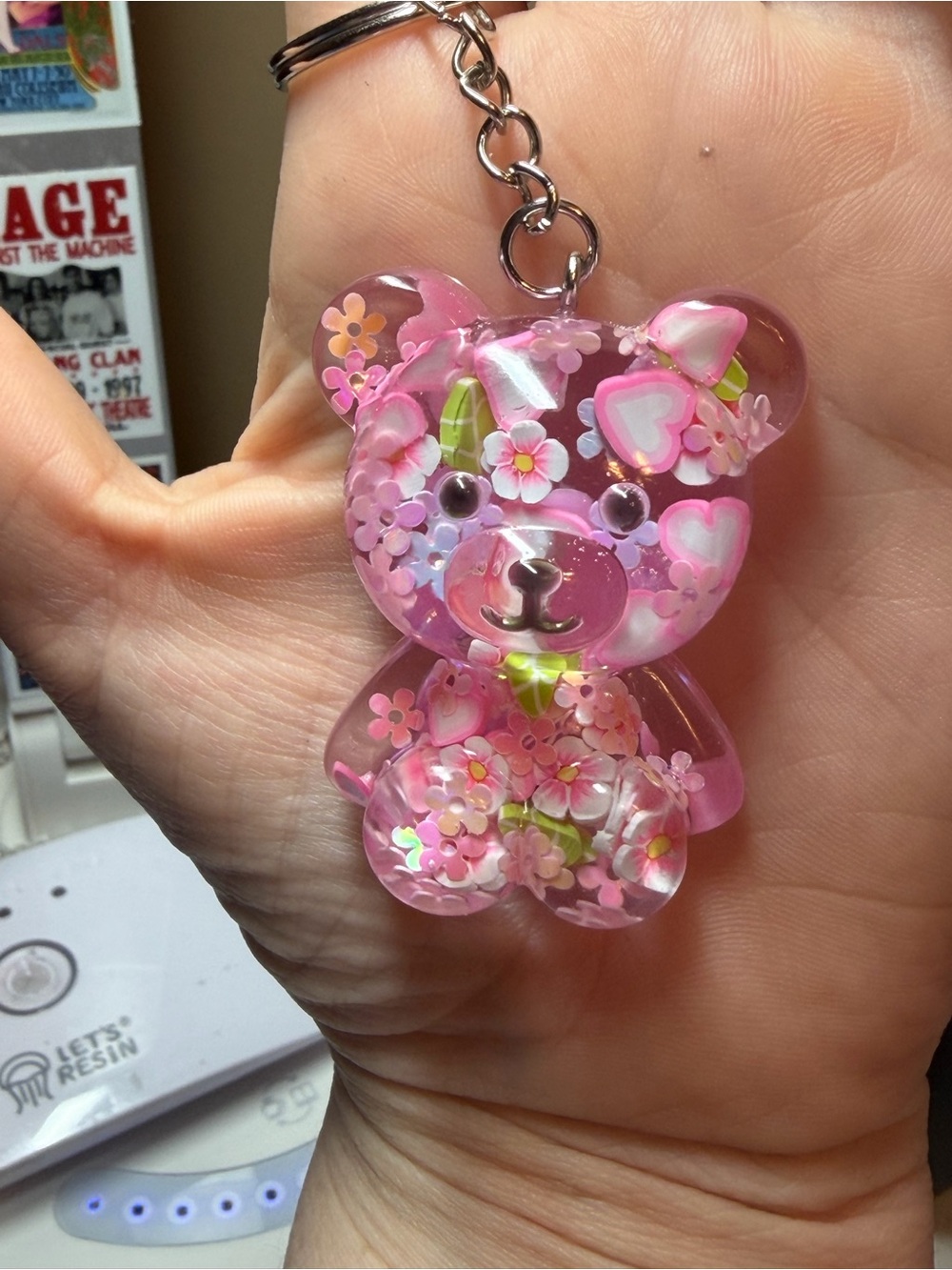 Pink Floral Bear Keychain Charm - Clear Resin Key & Card Accessories